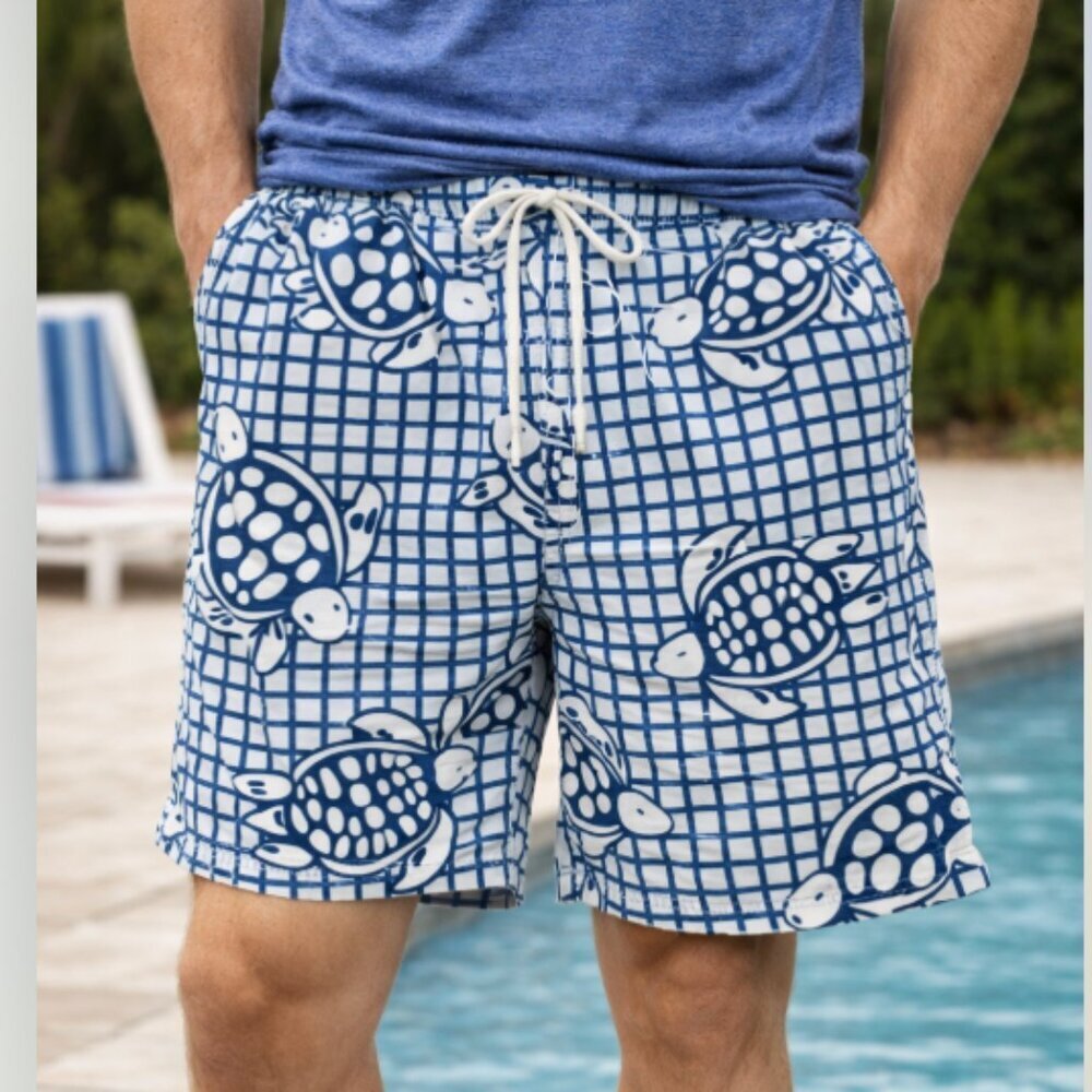 Peter Millar Men’s Swim Trunks Size XL Blue Sea Print Drawstring